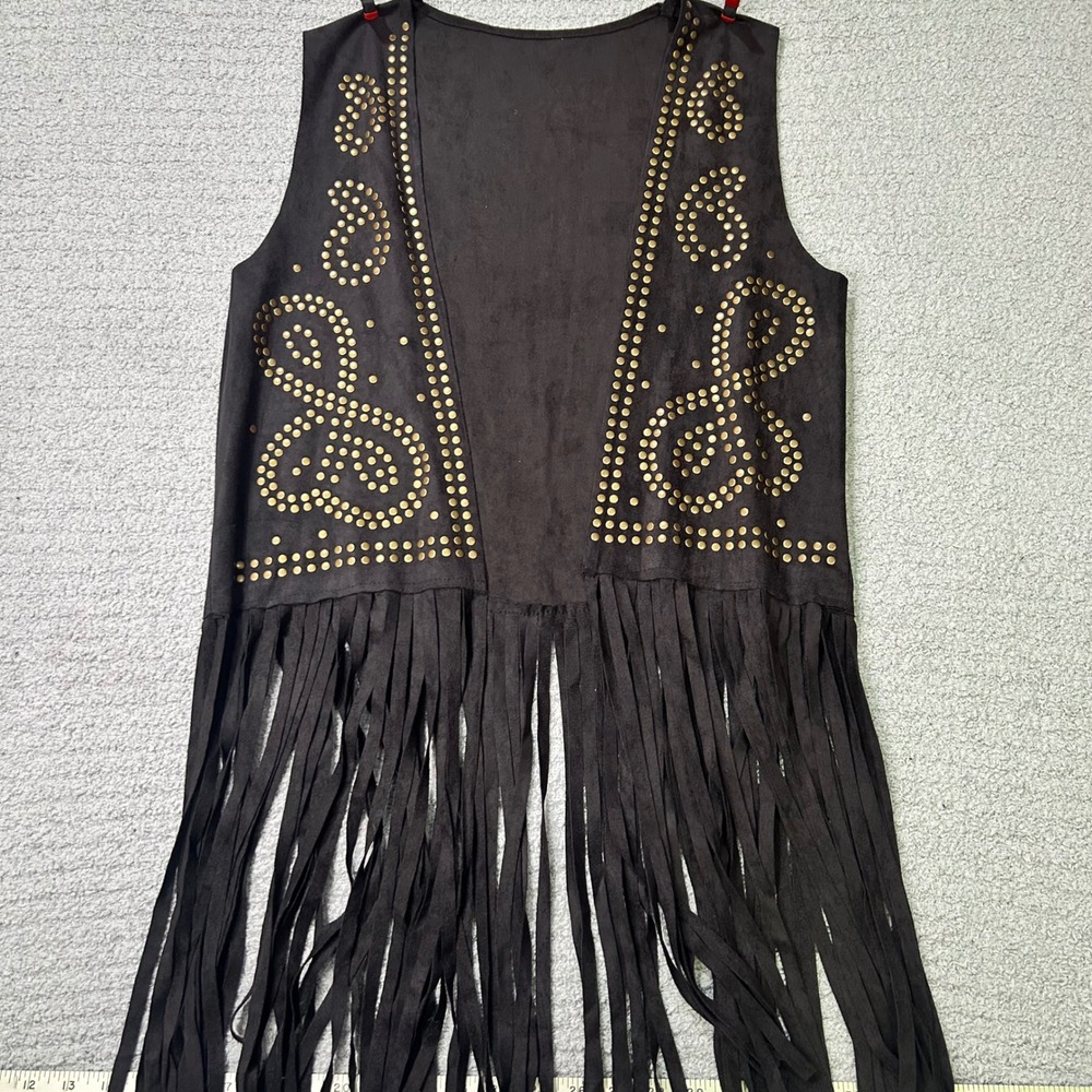 VTG 80s Suede Fringe L Black Studded Western Boho Festival Rockstar Leather